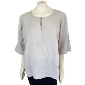 ELLEN TRACY 100% Linen Tunic in Khaki  Roll tab sleeve Gold zip Back slit  SZ 1X